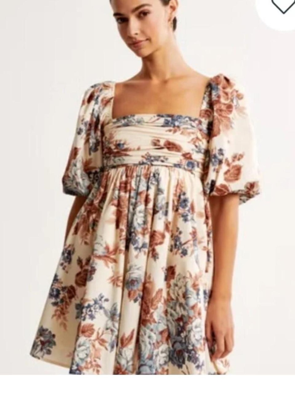 Floral Square-Neck Puff Sleeve Dress in Cream and Rust